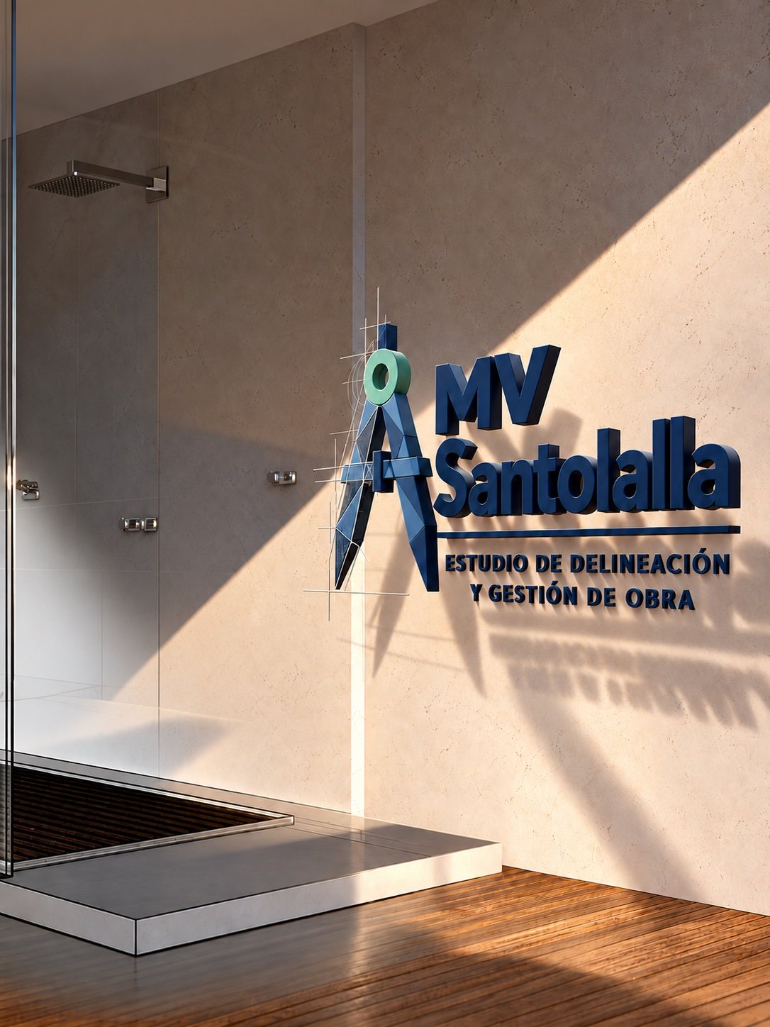 Dibujo técnico e infografía de un baño con el logo actual de MVSantolalla